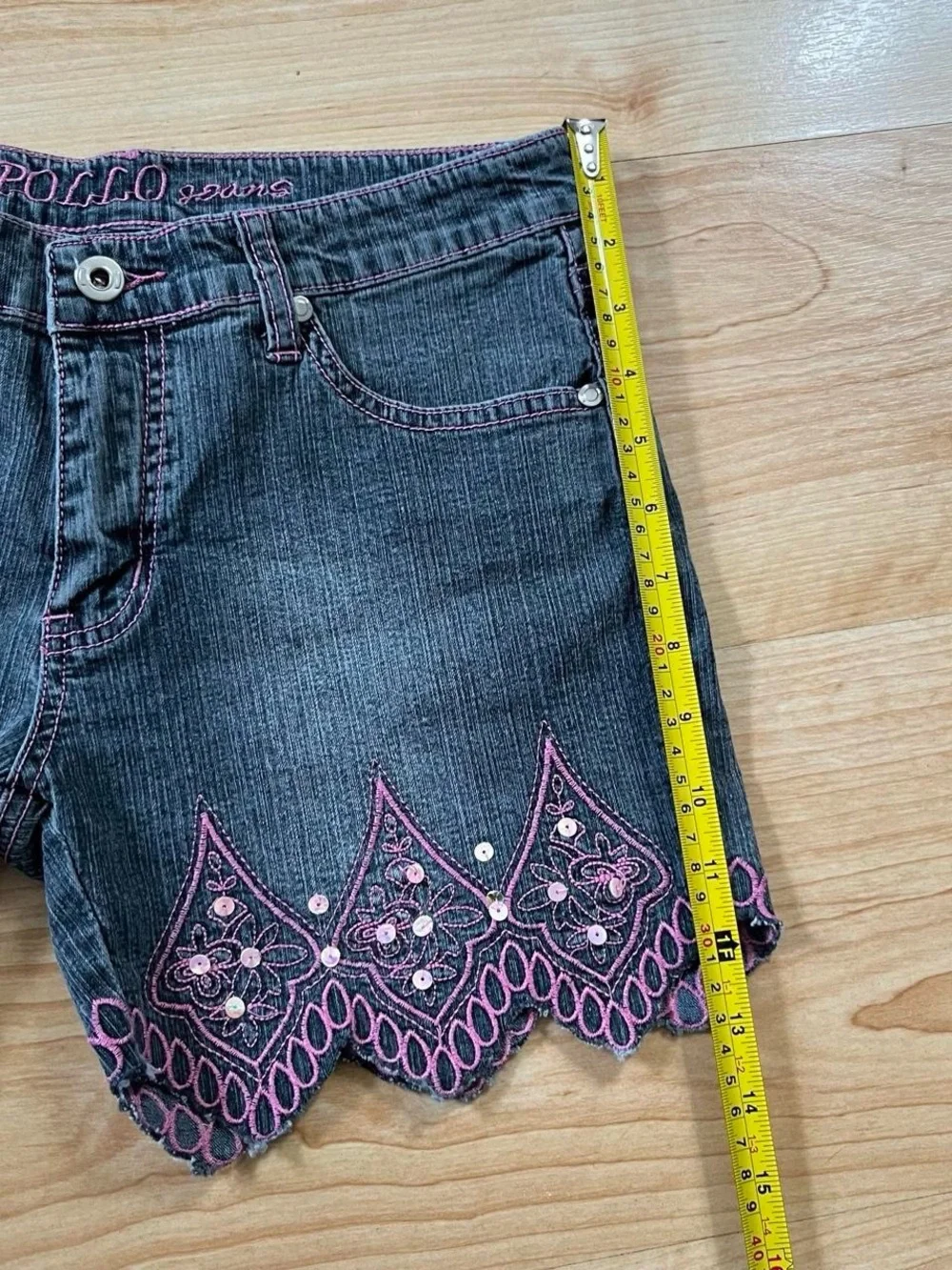 y2k fairy core denim shorts embroidered scallop hem and sequin details